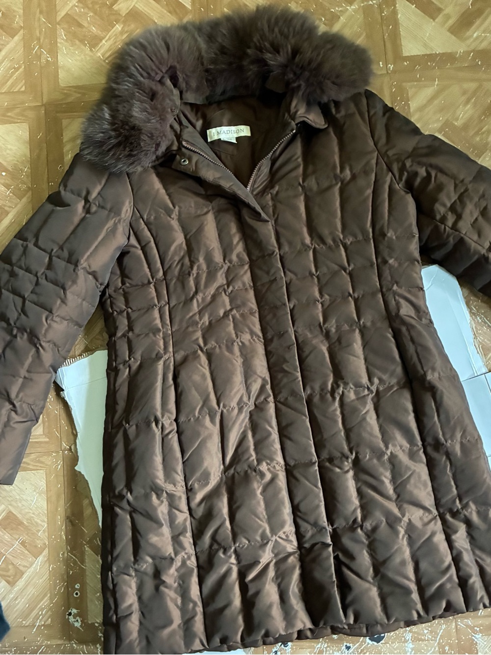 1 Madison Brown Quilted Puffer Coat with Faux Fur Collar